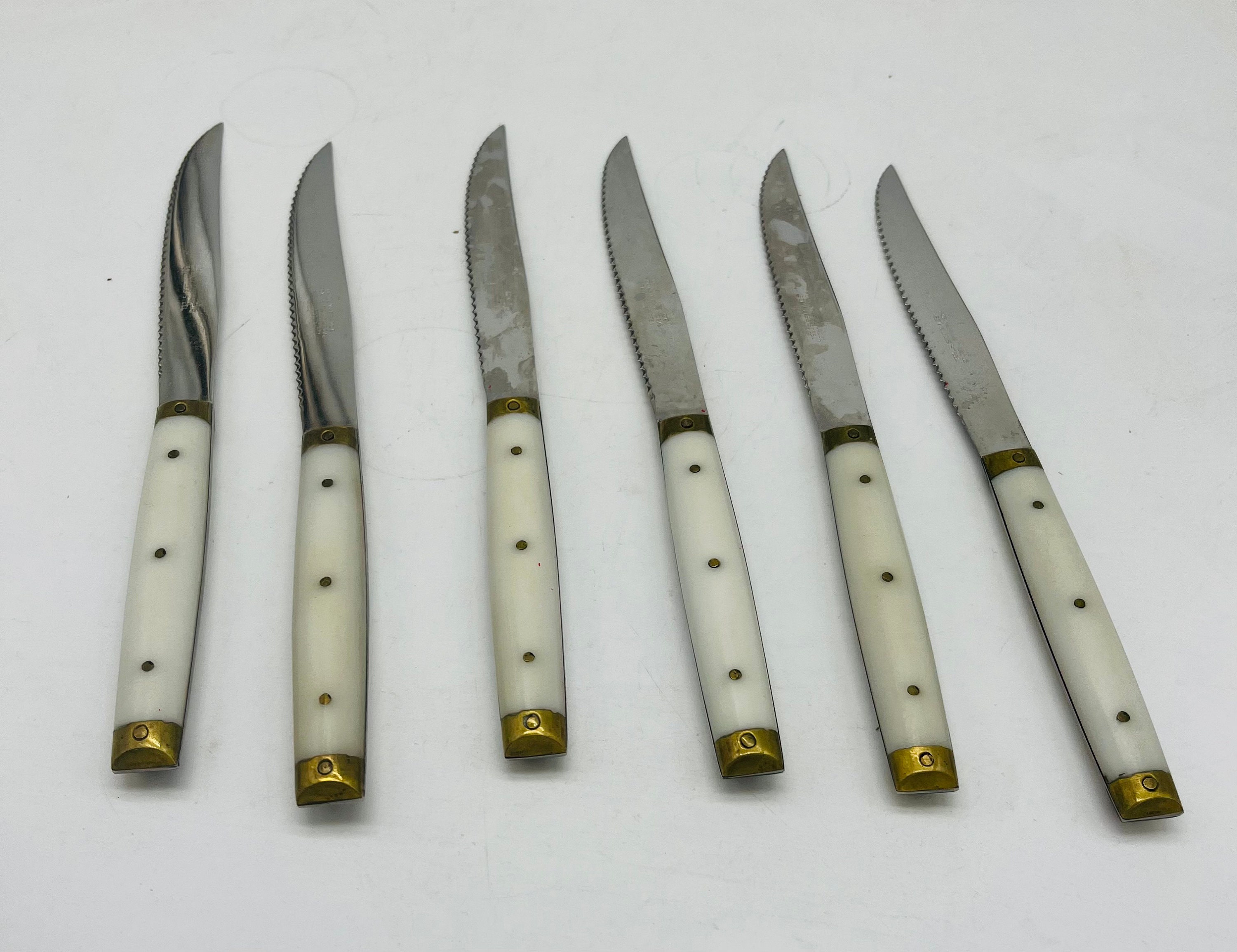 Vintage Steak Knives Silver Elk on Ivory Colored Handles Niresk Industries  Solingen Germany Stainless 