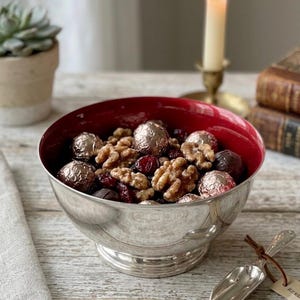 Vintage Reed & Barton Silverplate Pedestal Bowl #1120. Ruby Red  and Silver Decorative Nut Candy Bowl. Mid Century Modern.