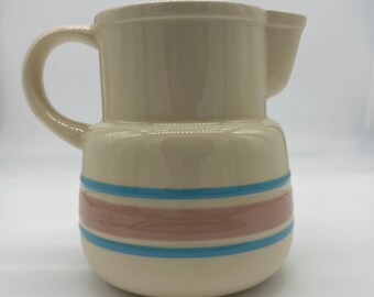 Vintage 32 oz Nelson McCoy Blue and Pink Striped, Ceramic Pottery Pitcher