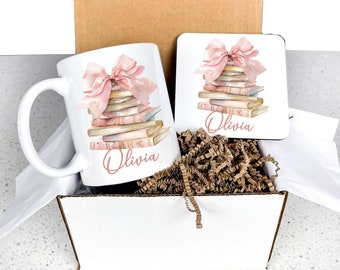 Personalized Books Mug and Coaster Set, Coquette Pink Bow & Stack of Books Coffee Mug, Custom Name Gift for Book Lovers, Girly Bookworm Gift