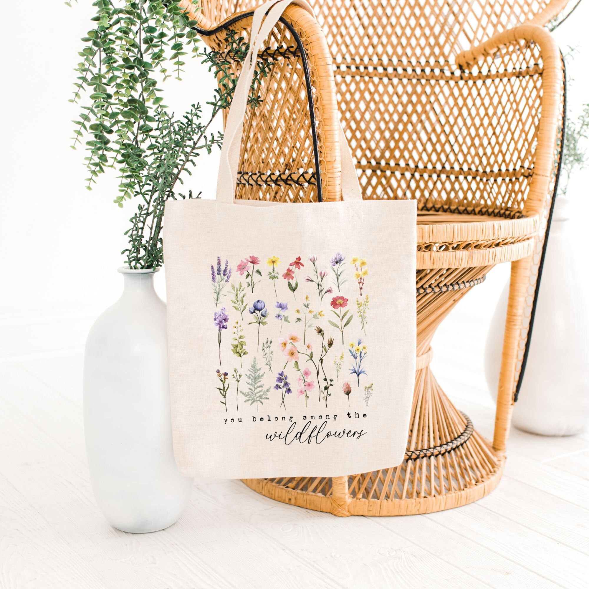 Floral Tote Bag Canvas, You Belong Among the Wildflowers Tote Bag