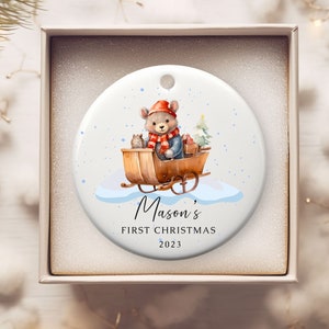 Baby Boy First Christmas Ornament 2024, Bear Ornament, Woodland Ornament, Baby Personalized Name Gift, 1st Christmas Boy Ceramic Ornament