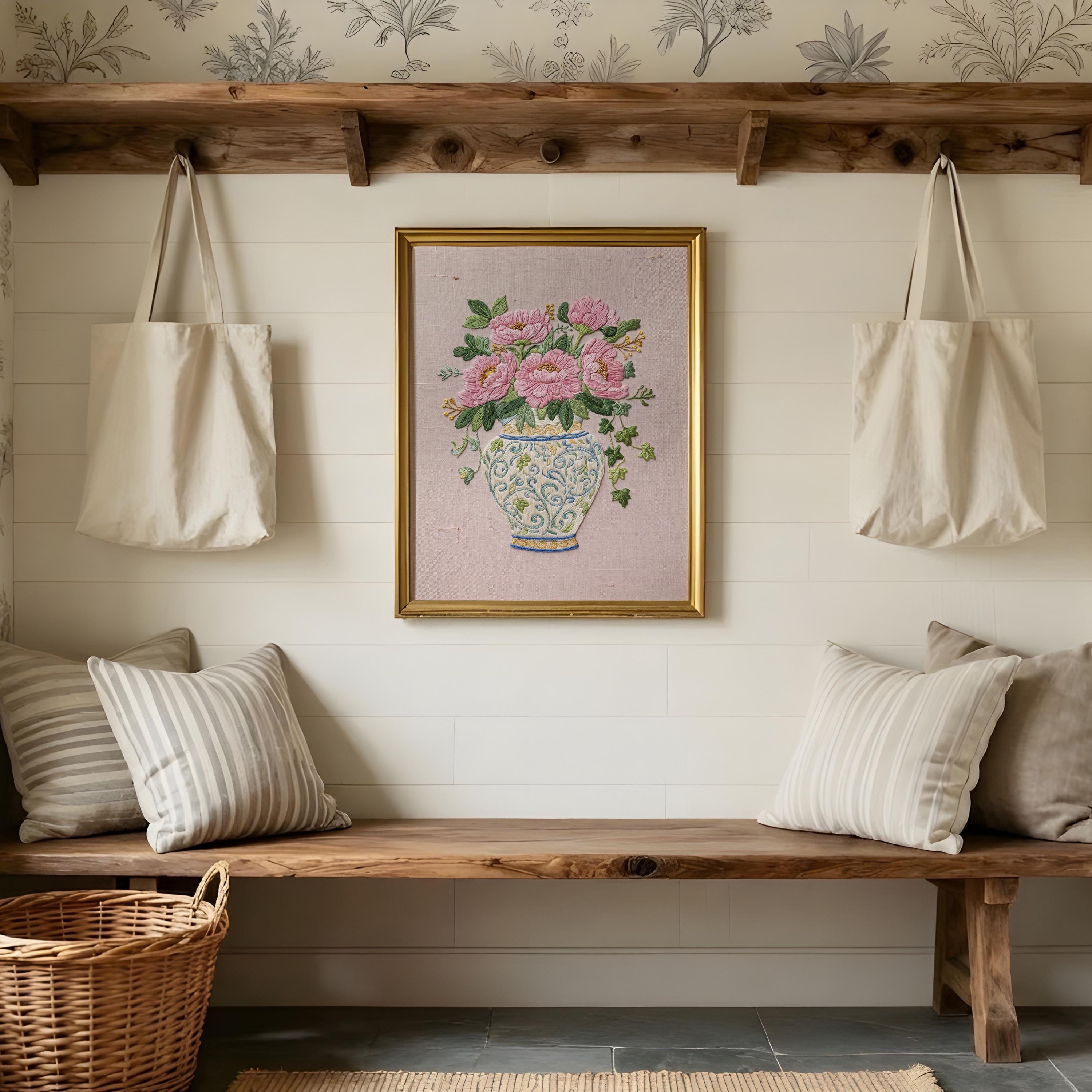 Cottagecore Floral Vase Wall Art Print Vintage Peonis Embroidery Style ...