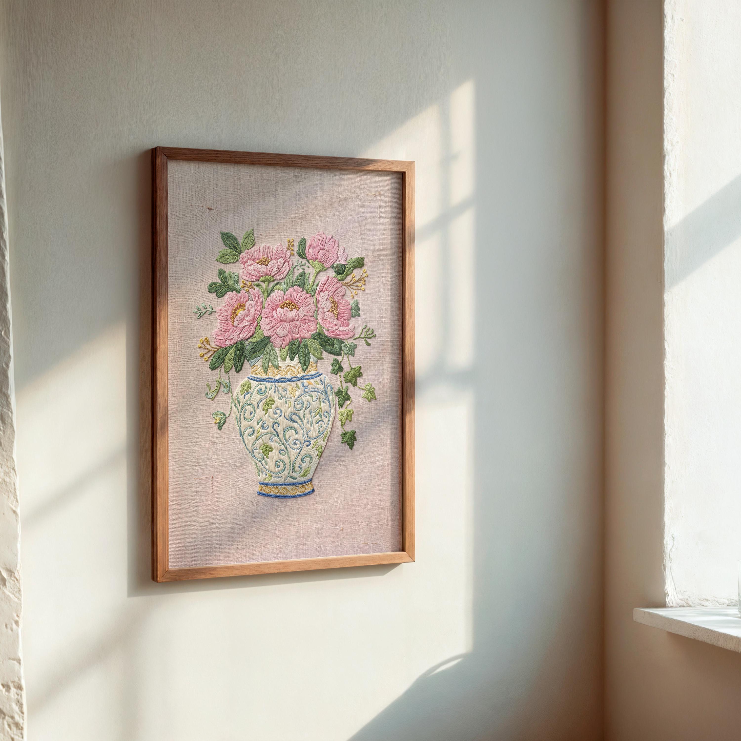 Cottagecore Floral Vase Wall Art Print Vintage Peonis Embroidery Style ...