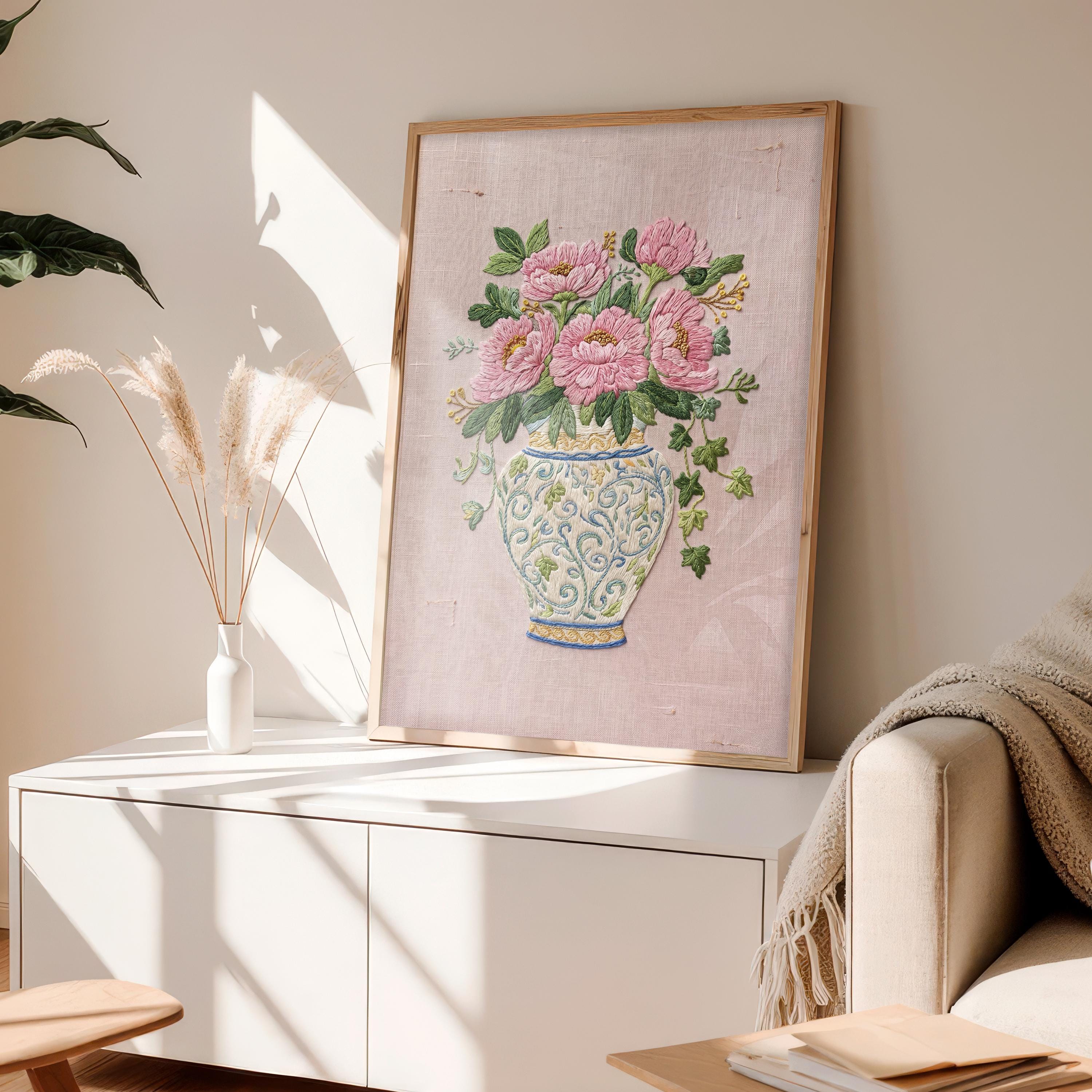 Cottagecore Floral Vase Wall Art Print Vintage Peonis Embroidery Style ...