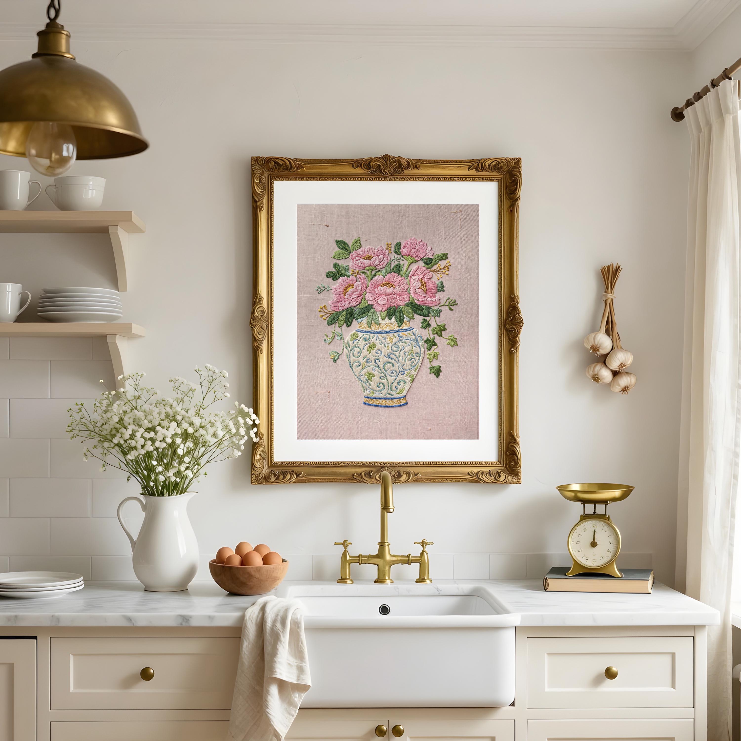 Cottagecore Floral Vase Wall Art Print Vintage Peonis Embroidery Style ...