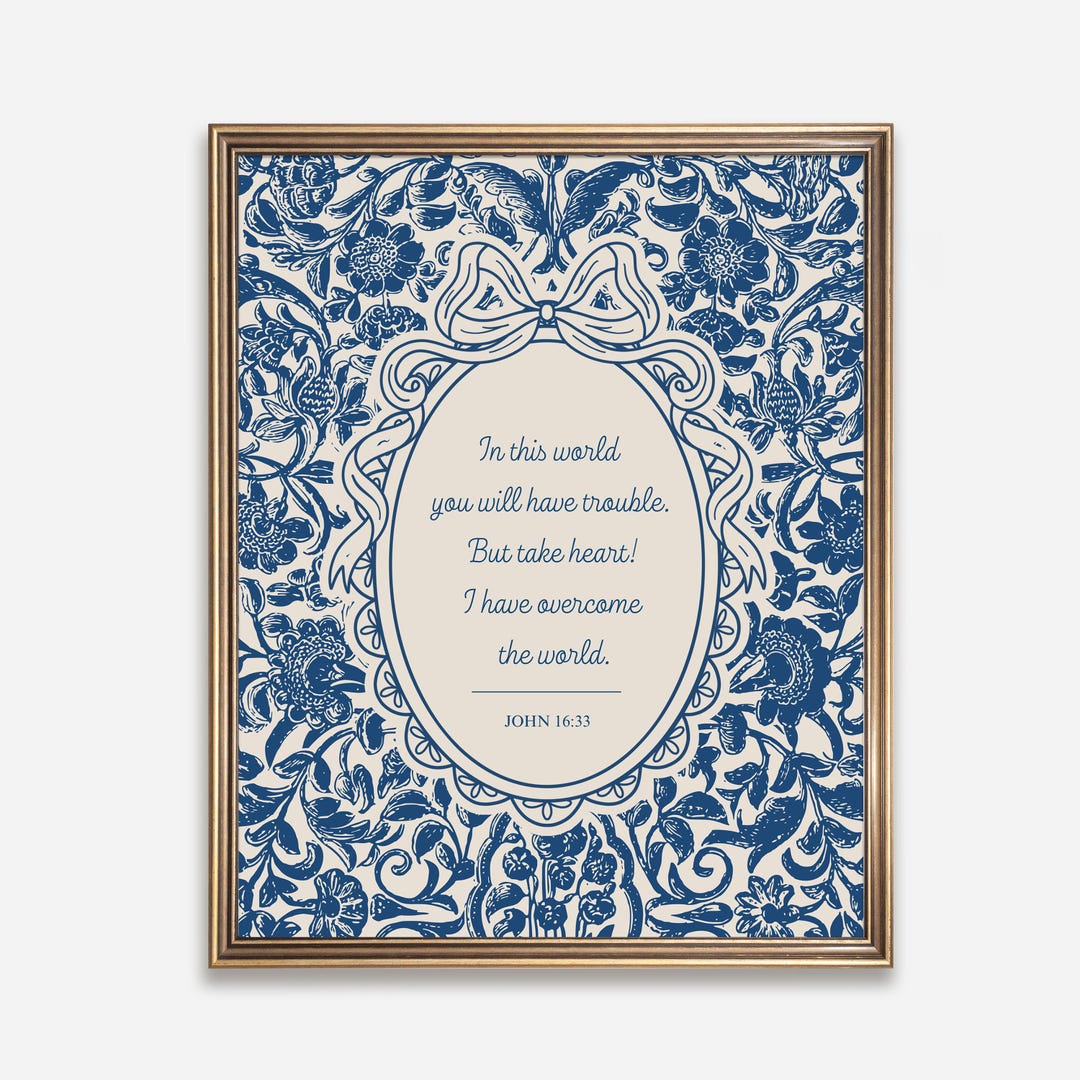 Christian Wall Art Scripture Floral Blue Vintage Bible Verse John 16:33 ...