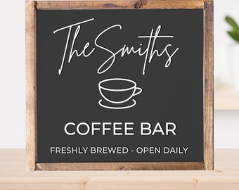 Coffee Bar Sign Personalized With Family Last Name, Kitchen Coffee Sign, Custom Kitchen Wall Decor, Coffee Lover Gift, Coffee Bar Decor