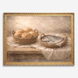 May include: A framed still life painting depicts two woven baskets on a wooden table. One basket holds several round loaves of bread, and the other contains two fish. The scene is set against a neutral background.