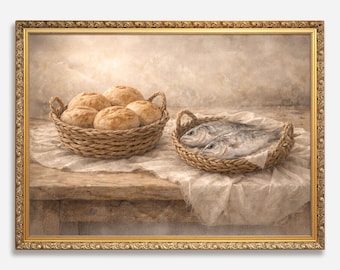 May include: A framed still life painting depicts two woven baskets on a wooden table. One basket holds several round loaves of bread, and the other contains two fish. The scene is set against a neutral background.