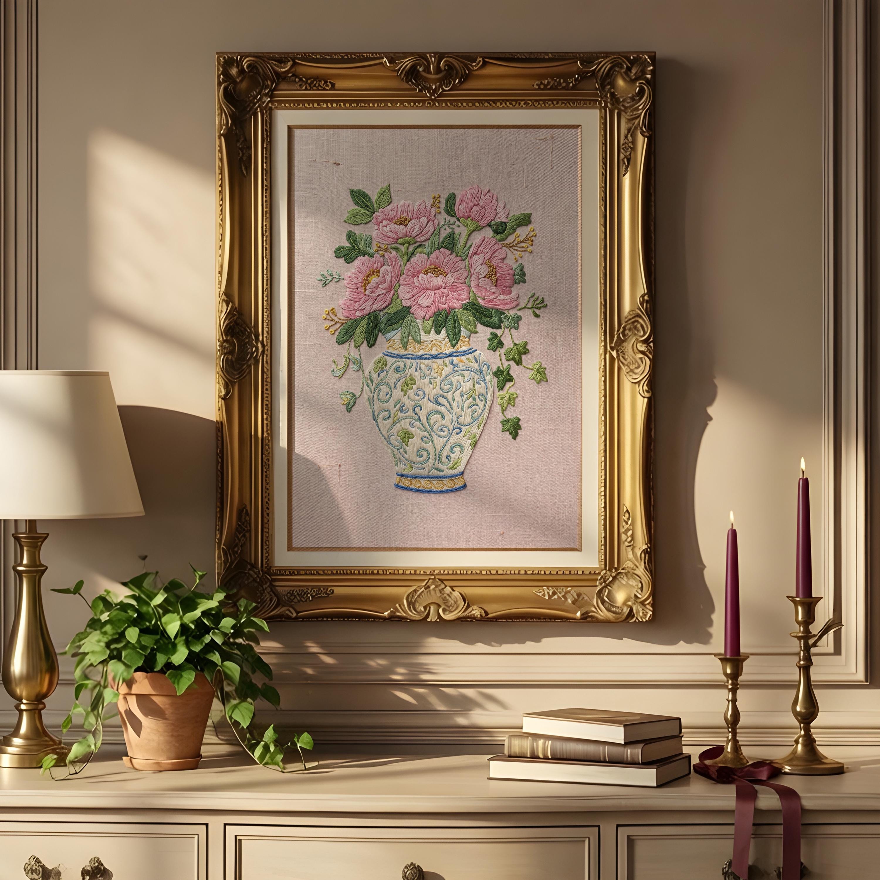 Cottagecore Floral Vase Wall Art Print Vintage Peonis Embroidery Style ...