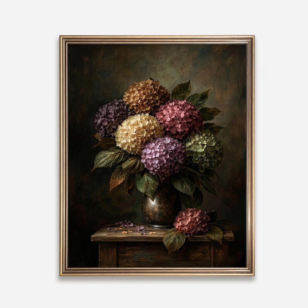 Hydrangea Wall Art Moody Vintage Floral Vase Dark Academia Botanical ...
