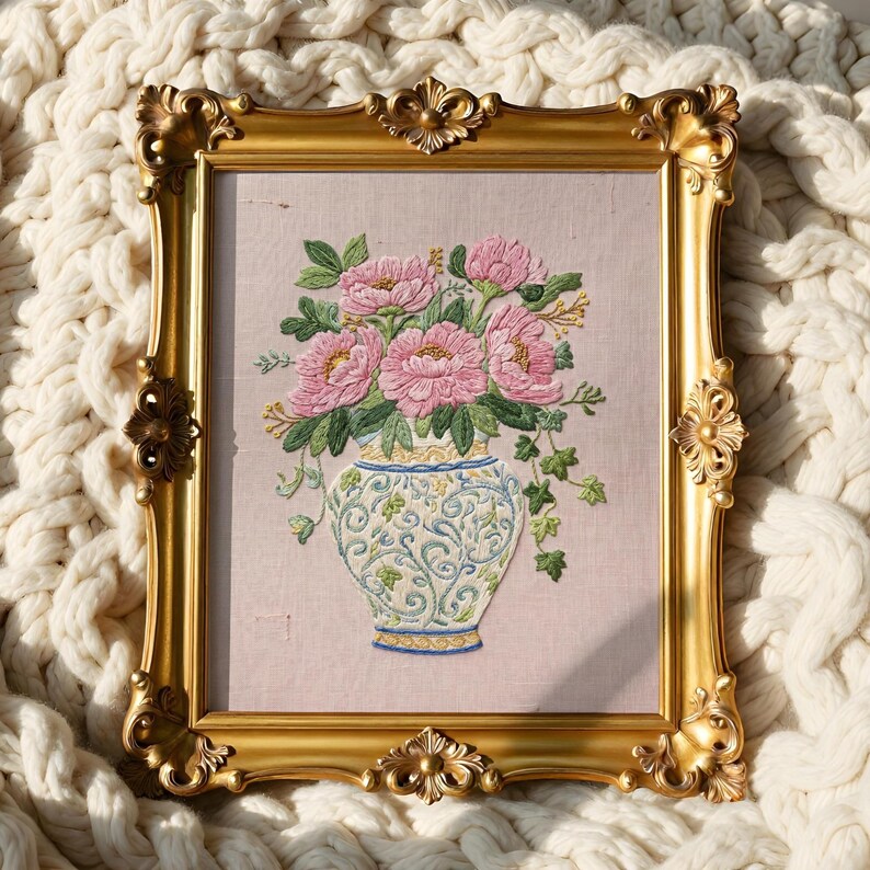 Cottagecore Floral Vase Wall Art Print Vintage Peonis Embroidery Style ...