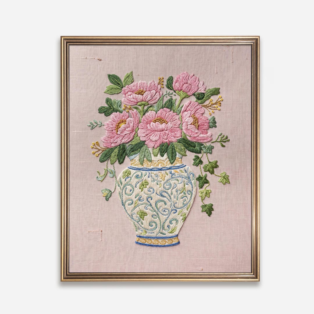 Cottagecore Floral Vase Wall Art Print Vintage Peonis Embroidery Style ...