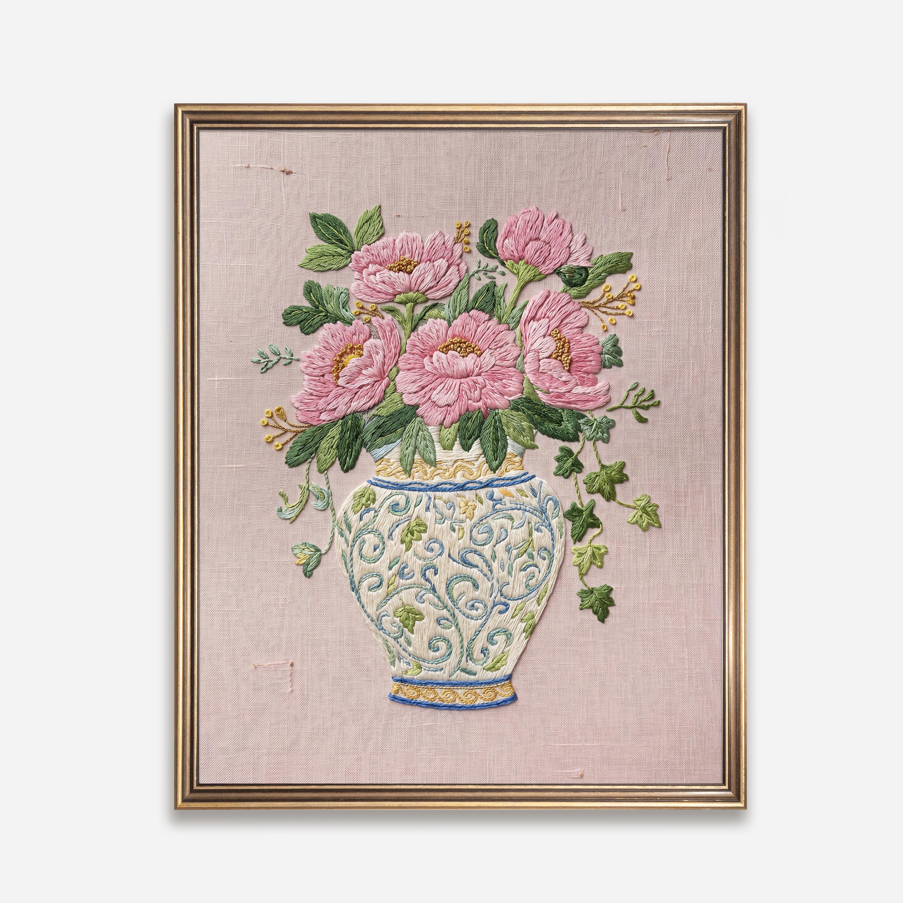 Cottagecore Floral Vase Wall Art Print Vintage Peonis Embroidery Style ...