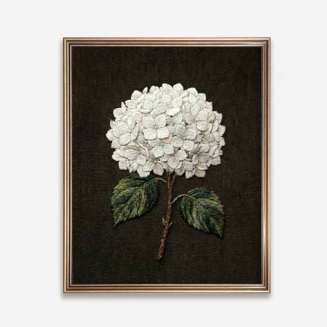 White Hydrangea Moody Wall Art Embroidery Style Dark Academia Vintage ...