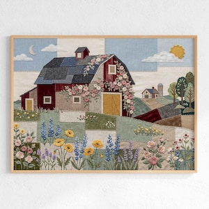 Peut inclure: Une œuvre d'art textile encadrée représentant un paysage rural. Une grange rouge avec un toit bleu est ornée de broderies florales. La scène comprend un soleil jaune, des nuages blancs et des fleurs sauvages colorées dans un champ en patchwork.