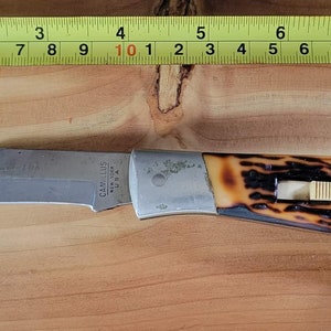 May include: A brown and black folding pocket knife with a stag horn handle and a stainless steel blade. The blade is partially open and the knife has a leather lanyard.