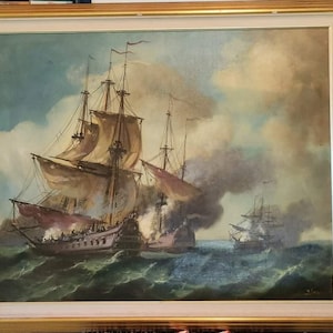 Battle at Sea, Oil on Canvas, Signed