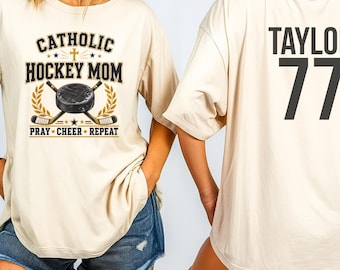 Personalized Catholic Hockey Mom Shirt, Custom Player Name Number Tee, Comfort Colors