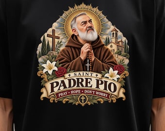 Saint Padre Pio T-Shirt, Pray Hope Don't Worry, Comfort Colors, Vintage Catholic Graphic Tee