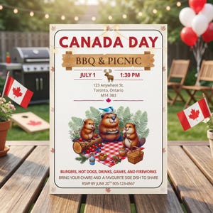 Può includere: Un invito per un BBQ e picnic del Canada Day con il testo "CANADA DAY BBQ & PICNIC JULY 1 1:30 PM". L'invito presenta illustrazioni di castori, un uccello blu e un'ambientazione da picnic. Sono visibili anche palloncini rossi e bianchi e bandiere canadesi.
