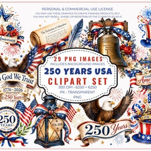 May include: A digital clipart set featuring 29 patriotic USA 250th anniversary graphics. Elements include bald eagles, the Liberty Bell, top hats, fireworks, flags, and scrolls with text like 1776-2026, In God We Trust, and God Bless America 250.