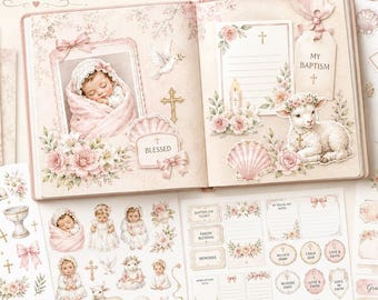Baby Girl Baptism Scrapbook Kit | Pink Watercolor Journal Papers (PDF/PNG Download)