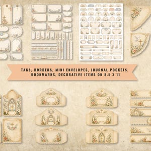May include: A collection of paper ephemera including tags, borders, mini envelopes, journal pockets, and bookmarks featuring floral and religious motifs in cream and beige tones, with text reading: TAGS, BORDERS, MINI ENVELOPES, JOURNAL POCKETS, BOOKMARKS, DECORATIVE ITEMS ON 8.5 X 11.