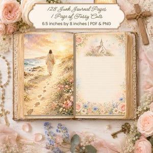 Op de afbeelding: Een open boek met twee pagina's junk journal papier. De linkerpagina toont een figuur die over een strand naar een zonsopgang loopt. De rechterpagina bevat een kerkillustratie met bloemenranden. Tekst: 128 Junk Journal Pages.