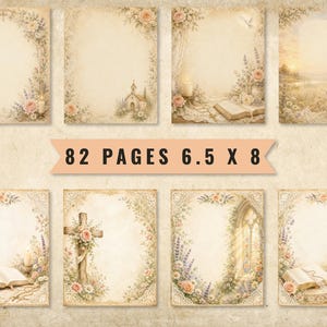 May include: A collection of 82 pages, each measuring 6.5 x 8 inches, featuring vintage-style stationery with floral borders, religious imagery including crosses, churches, open books, and candles, all set against a textured, aged paper background.