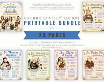 Catholic Saints Printable Bundle, Feast Day Stories, Coloring Pages, Trading Cards (Digital Download)