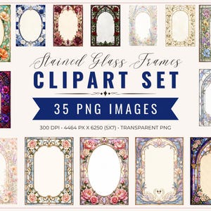 May include: A collection of 35 stained glass frame clipart images. The frames feature various floral and geometric designs in a variety of colors, including pink, blue, and purple. The text "Stained Glass Frames CLIPART SET" is displayed.