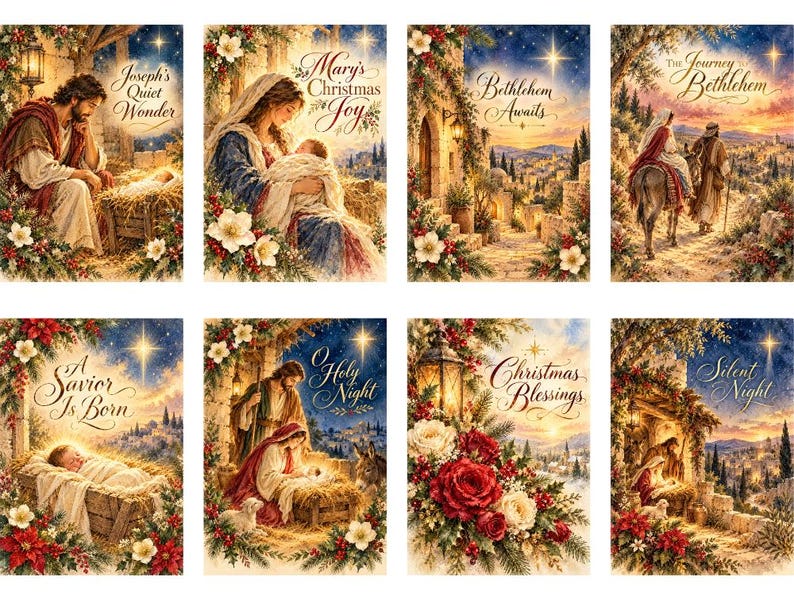 148 Christian Christmas Card Fronts Printable Bundle, Vintage Nativity ...