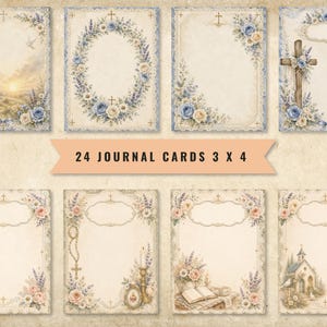 May include: A collection of 24 journal cards measuring 3 by 4 inches, featuring vintage-style rectangular paper designs with floral borders, religious crosses, churches, open books, and candles in soft blue, cream, and muted pink color palettes.