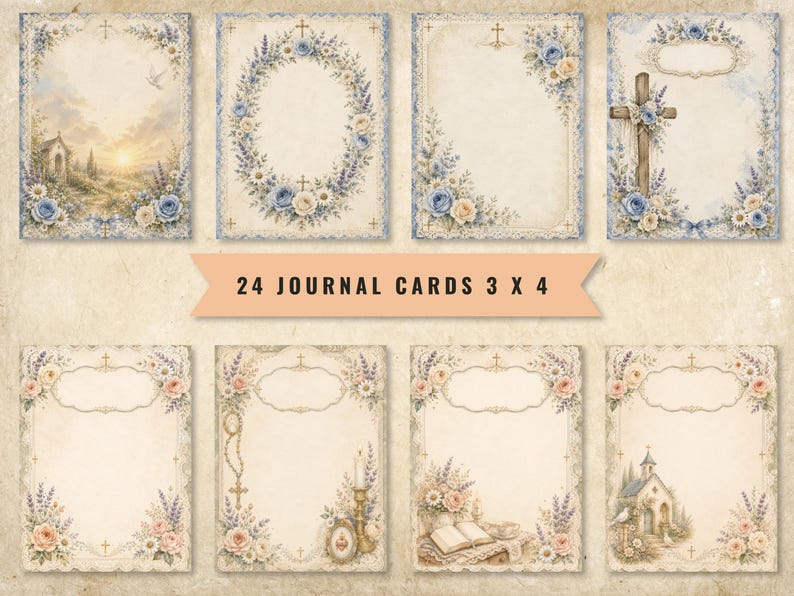 May include: A collection of 24 journal cards measuring 3 by 4 inches, featuring vintage-style rectangular paper designs with floral borders, religious crosses, churches, open books, and candles in soft blue, cream, and muted pink color palettes.