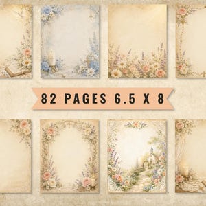 May include: A collection of 82 digital pages measuring 6.5 x 8 inches, featuring vintage-style stationery with floral borders, religious symbols, candles, open books, and landscape illustrations in soft pastel tones on a textured parchment background.