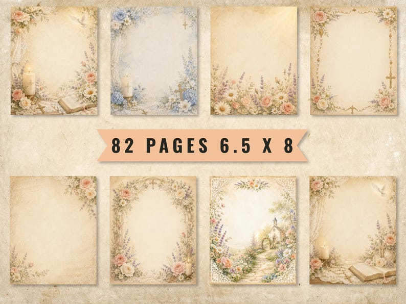 May include: A collection of 82 digital pages measuring 6.5 x 8 inches, featuring vintage-style stationery with floral borders, religious symbols, candles, open books, and landscape illustrations in soft pastel tones on a textured parchment background.