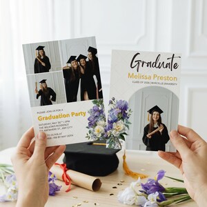 May include: Graduation party invitations featuring photos of graduates in caps and gowns. The invitations include the text "Graduate" and "Graduation Party", along with floral arrangements in purple and white.