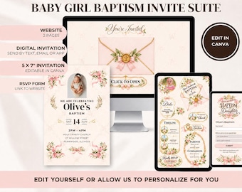 Girl Baptism Invitation Suite, Animated Digital Invite, Website, RSVP Form (Editable Canva Template)