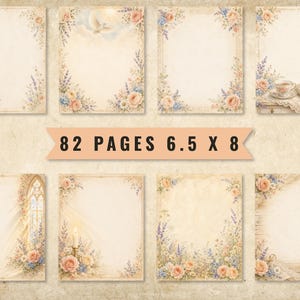 May include: A collection of 82 pages measuring 6.5 x 8 inches, featuring vintage-style stationery with floral borders of pink roses and blue lavender. Designs include a cross, a dove, a teacup, a candle, and an arched window on a parchment background.