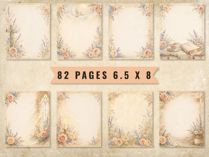 May include: A collection of 82 pages measuring 6.5 x 8 inches, featuring vintage-style stationery with floral borders of pink roses and blue lavender. Designs include a cross, a dove, a teacup, a candle, and an arched window on a parchment background.