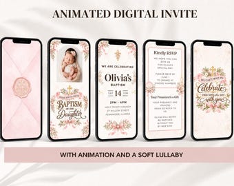Animated Girl Baptism Invitation, Blush Pink Watercolor, Lullaby Audio (Digital Download)