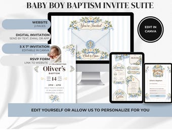 Editable Baby Boy Baptism Invitation Suite, Website, Digital (Animated) & Printable 5x7 (Canva Template)