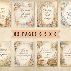 May include: A collection of 82 pages measuring 6.5 x 8 inches, featuring vintage-style floral illustrations and religious scripture quotes. Each page displays elegant calligraphy, soft pastel roses, lavender, and religious symbols on a parchment background.