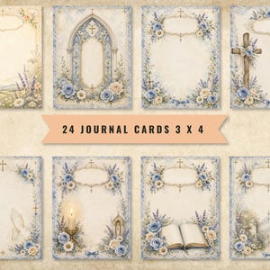 May include: A collection of 24 journal cards measuring 3 by 4 inches, featuring decorative rectangular frames with blue and cream floral accents, religious symbols like crosses, praying hands, a candle, an open book, and an arched doorway.
