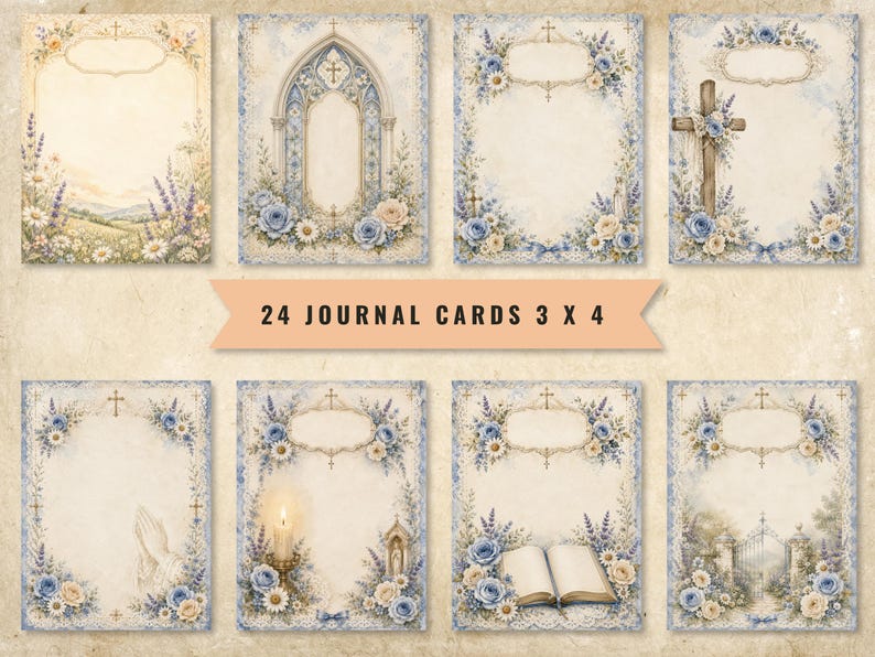 May include: A collection of 24 journal cards measuring 3 by 4 inches, featuring decorative rectangular frames with blue and cream floral accents, religious symbols like crosses, praying hands, a candle, an open book, and an arched doorway.