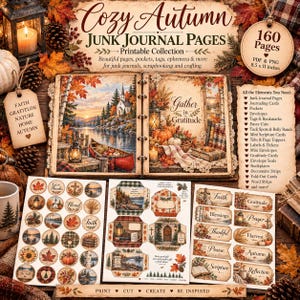 May include: A printable collection of 160 autumn-themed junk journal pages, including pockets, tags, and ephemera. The set features imagery of landscapes, pumpkins, and lanterns with text like Cozy Autumn, Gather in Gratitude, and Faith.
