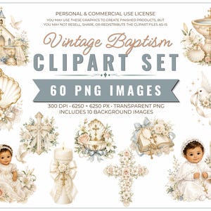 以下が含まれることがあります： Vintage Baptism CLIPART SETと題された60枚のPNG画像デジタルコレクション。教会、洗礼盤、鳩、十字架、キャンドル、聖書、白い洗礼服を着た乳児の水彩画風イラストが描かれています。