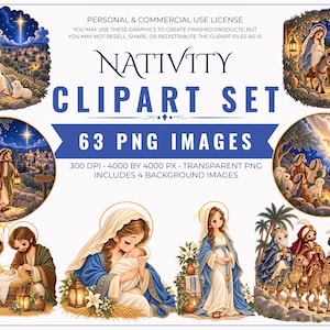 May include: A digital clipart set featuring 63 PNG images of nativity scenes, including depictions of the holy family, shepherds, and wise men. The collection includes 4 background images, all presented in a 300 DPI resolution at 4000 by 4000 px.